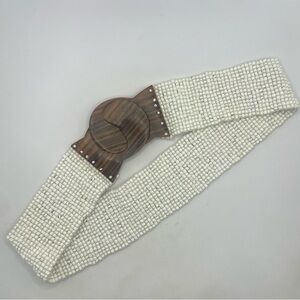 Boho Wooden Interlocking Buckle White Beaded Stretch Retro Waist Belt Medium